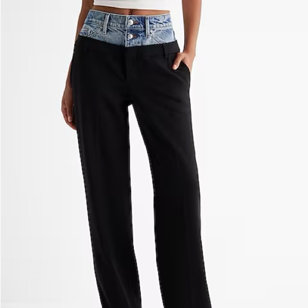 EXPRESS High Waisted Denim Waist Straight Leg Trouser Pants